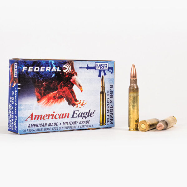 556x45mm American Eagle XM193 Ammo Box Front with Rounds