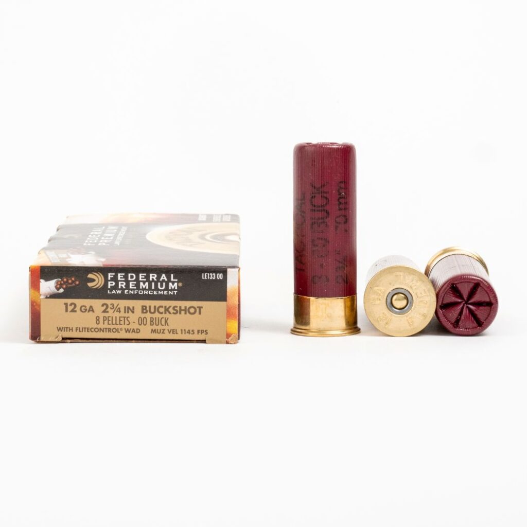 Federal Premium 12-gauge buckshot shells and box.