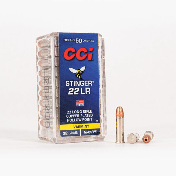 22 LR 32gr CPHP CCI Stinger 50 Ammo Box Front with Rounds