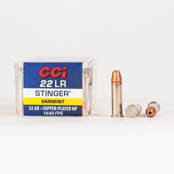 22 LR 32gr CPHP CCI Stinger 50 Ammo Box Side with Rounds