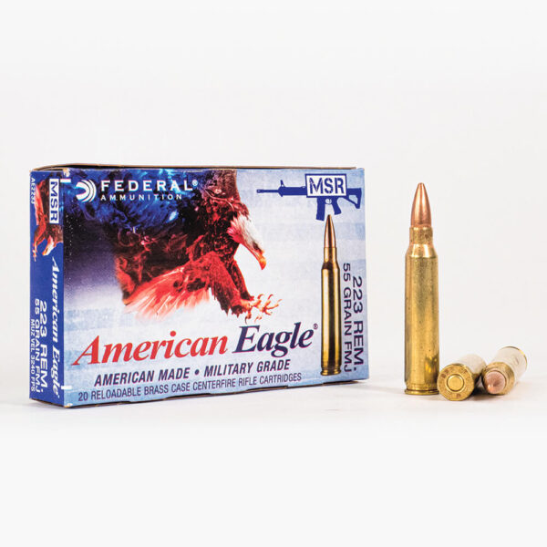 223 Rem 55 gr FMJ Federal American Eagle AE223J Ammo Box Front with Rounds