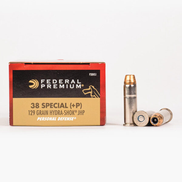 38 Special +P 129gr JHP Hydra-Shok Federal P38HS1 Ammo Box Side with Rounds
