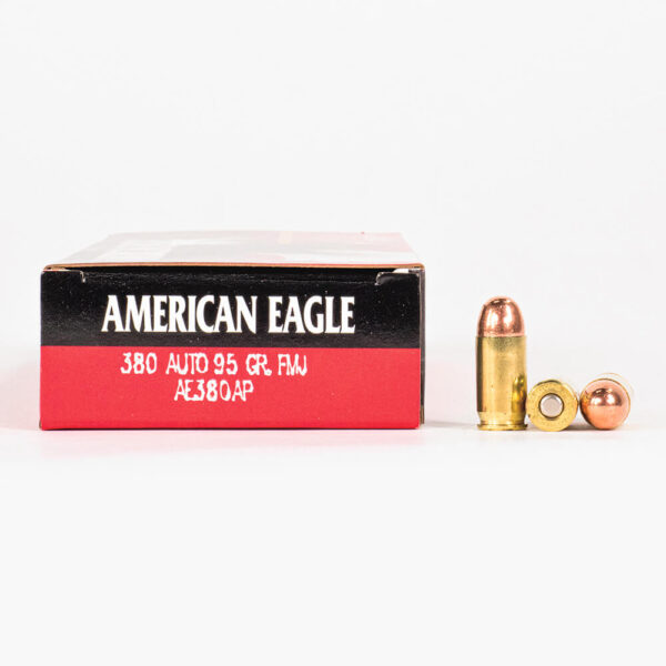 380 ACP 95gr FMJ Federal American Eagle AE380AP Ammo Box Side with Rounds