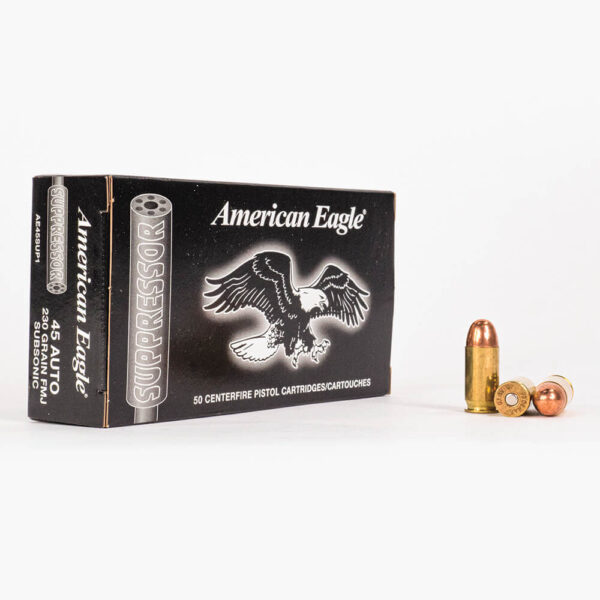 45 ACP 230 gr Federal American Eagle Suppressor AE45SUP1 Ammo Box Front with Rounds