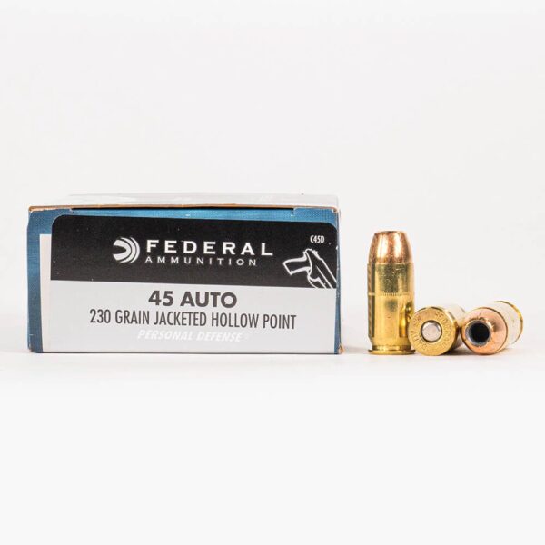 45 ACP 230gr JHP Federal PD C45D Ammo Box Side with Rounds