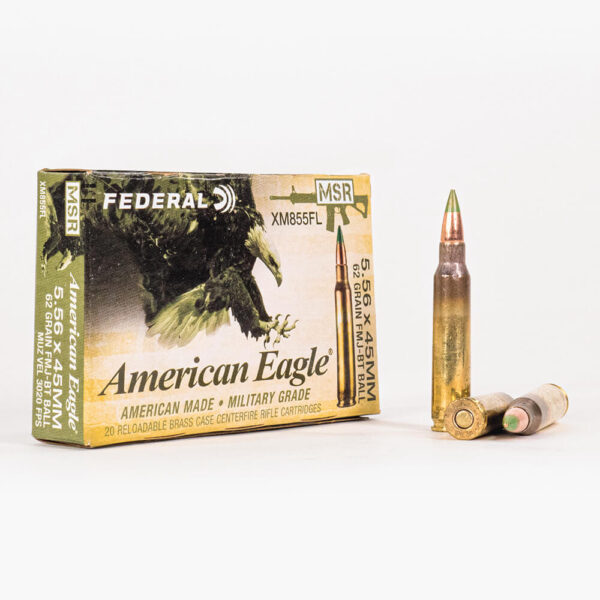 556x45mm Federal American Eagle XM855FL Ammo Box Front with Rounds