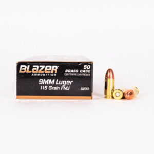 9mm Luger 115gr FMJ Blazer Brass 5200 Ammo Box Side with Rounds