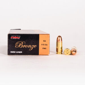 9mm Luger 115gr FMJ PMC Bronze 9A Ammo Box Side with Rounds