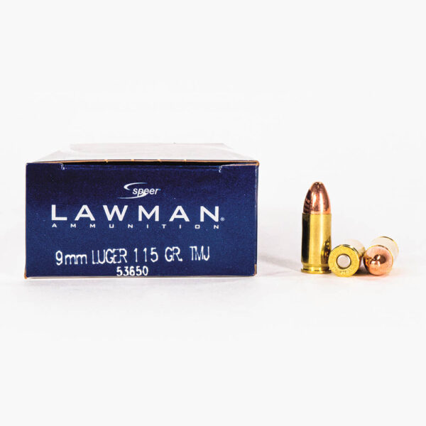 9mm Luger 115gr TMJ Speer Lawman 53650 Ammo Box Side with Rounds