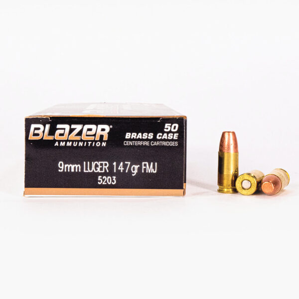 9mm Luger 147gr FMJ Blazer Brass 5203 Ammo Box Side with Rounds