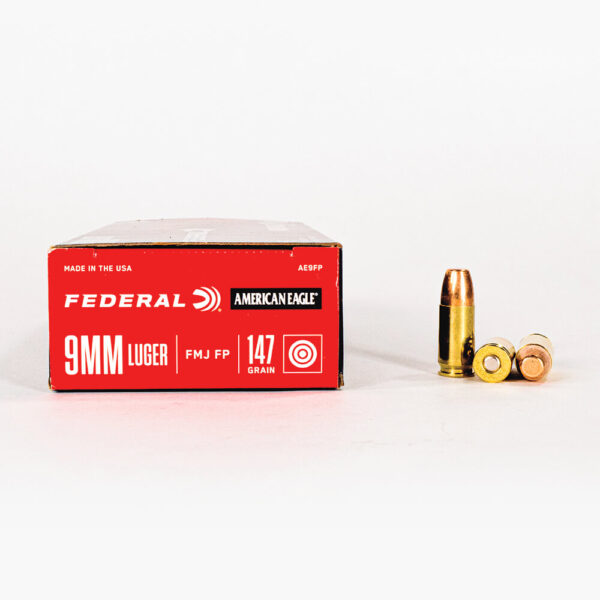 9mm Luger 147gr FMJ Federal American Eagle AE9FP Ammo Box Side with Rounds
