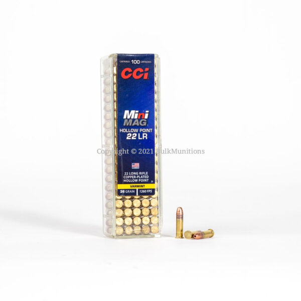 CCI Mini-Mag 0031 22 Long Rifle 36 Grain Copper Plated Hollow Point Box Front