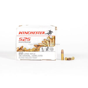 Winchester USA 22LR525HP 22 Long Rifle 36 Grain Plated Hollow Point Ammo Box Side