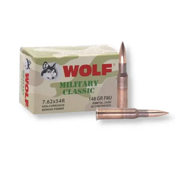 Wolf 7 62x54r ammo for sale 148 gr fmj bi metal steel case 500 rounds